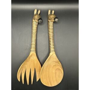Pair Of Handcarved Kenyan Striped Zebra Wooden Salad Tongs Kenya